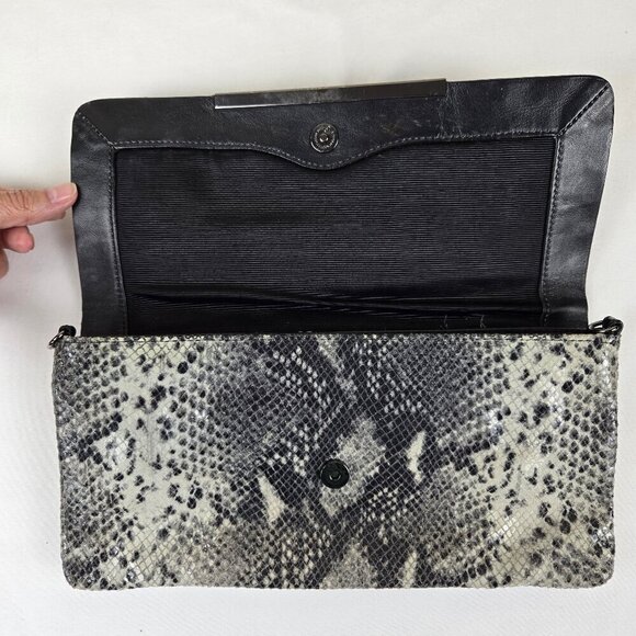 BCBGMaxAzria Leather Snakeskin Print Clutch Silver Stud Embellishment Black Trim - Picture 8 of 16